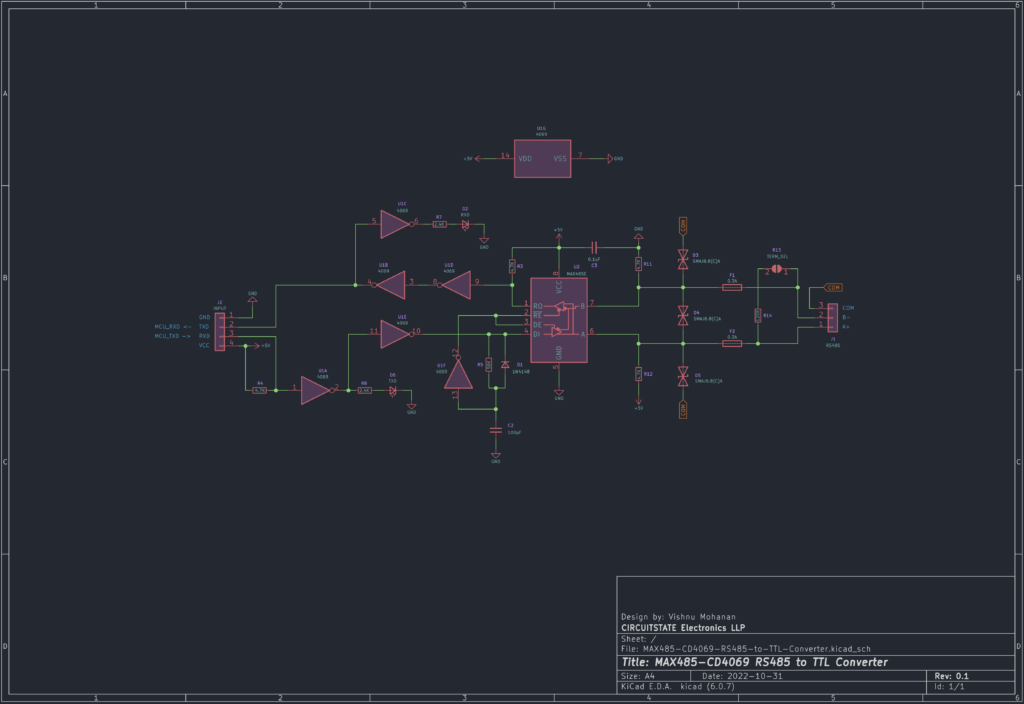 RS485 Serial Communication Tutorial with Arduino and MAX485 Module Schematic