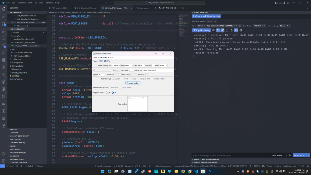Modbus Mechanic Client Emulator Writing Coils to Server by CIRCUITSTATE Electronics